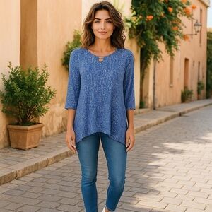 Rafaela Women’s Lg Blue/White Print Shirt 3/4 Slv Tunic W/ Cutout And Metal